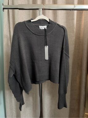 Self-Contrast- Charcoal Cropped Ribbed Crewneck Sweater